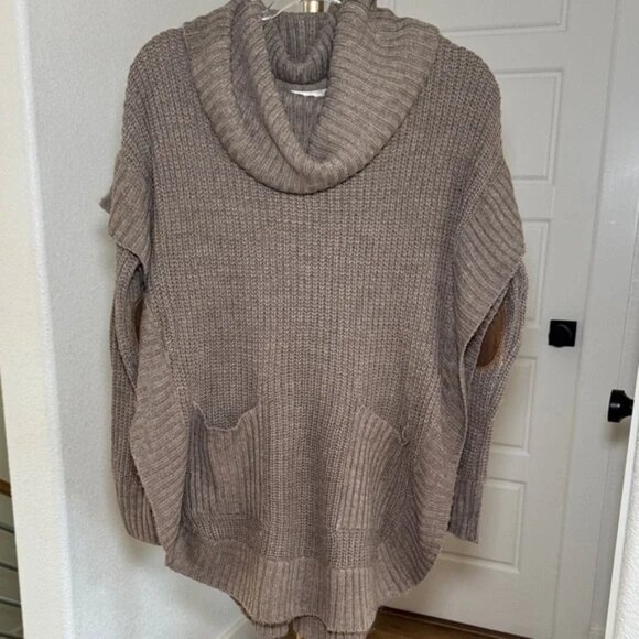 RD Style Taupe Knit Cowl Neck Sweater Poncho with Elbow Patches Women’s M - Picture 1 of 12